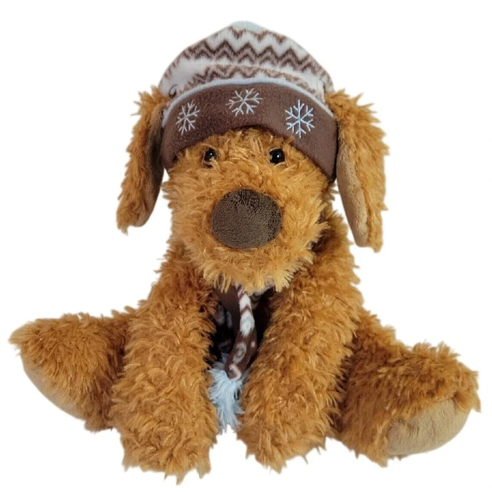 Hugfun Plush Puppy Dog Winter Hat Scarf Snowflake Shaggy Brown Tan Small